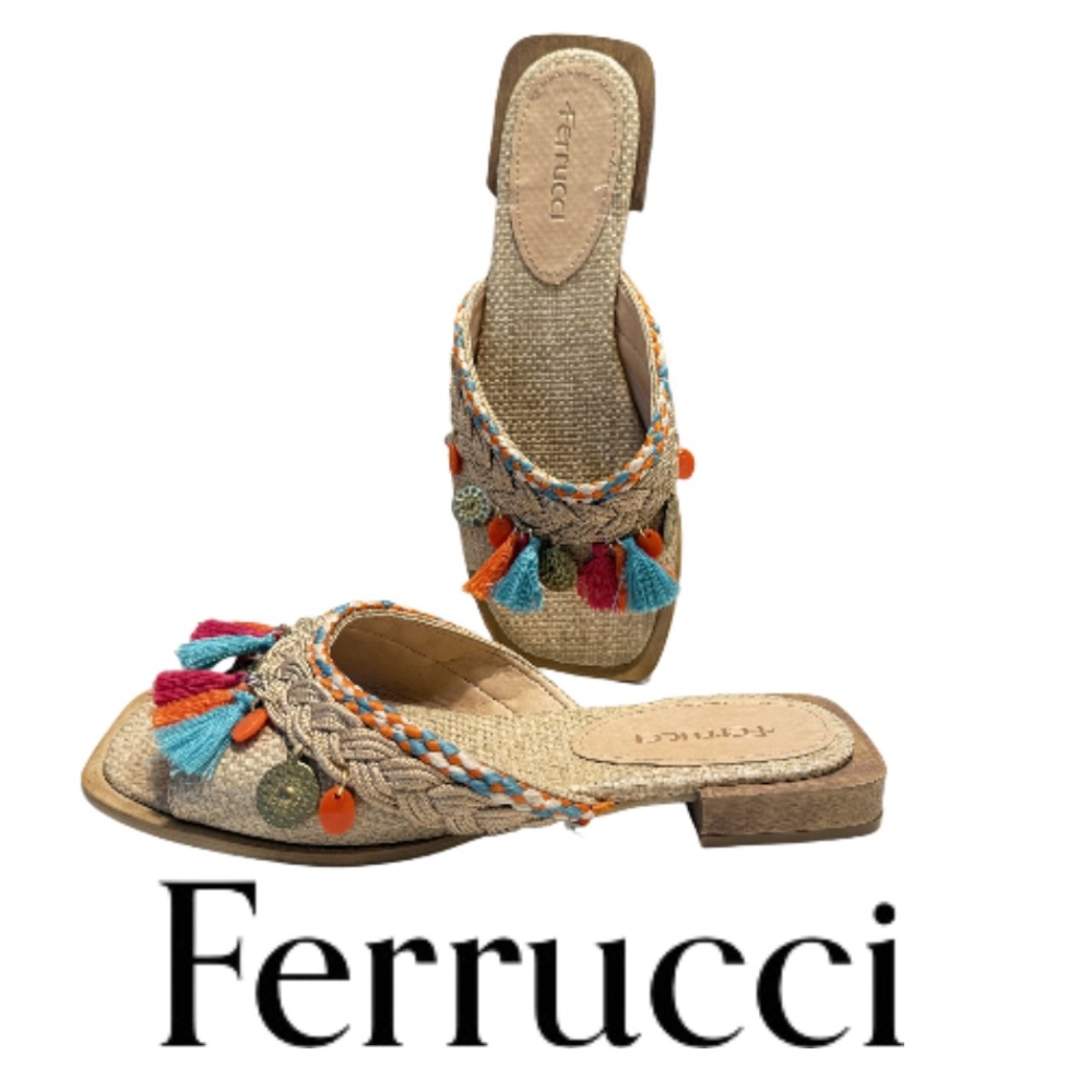FERRUCCI | Sandals Slides Shoes Slippers Straw Coins 6B Summer Beach Vacation